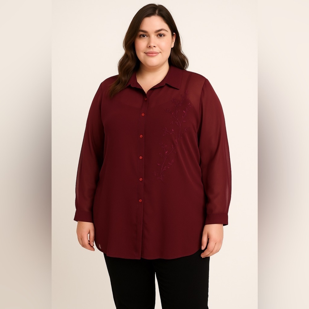 Huntington Ridge Plus Burgundy Sheer Embroidered Button-Front Blouse — Size 42